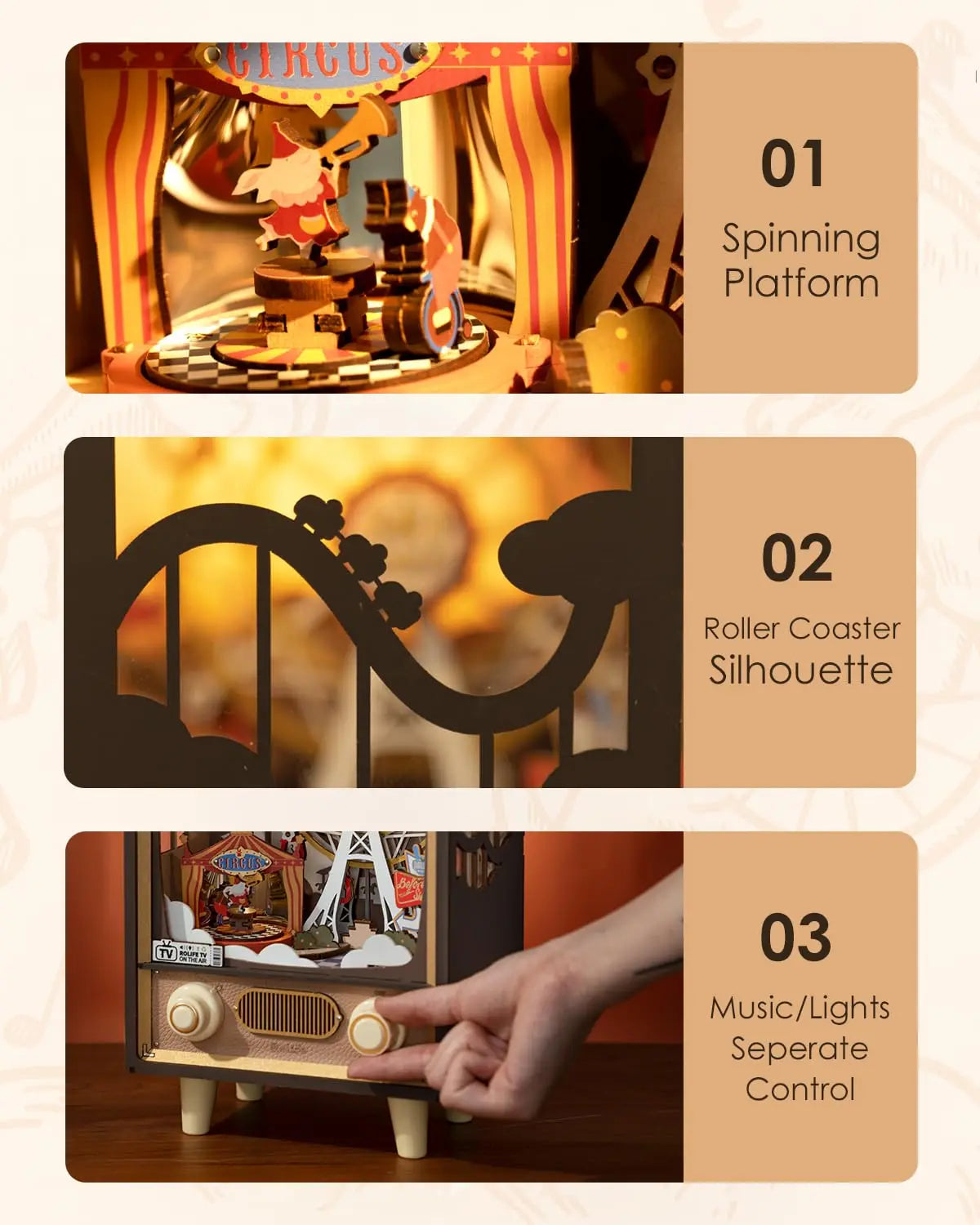 Robotime Rolife Sunset Carnival Music Boxes with Lights Ferris Wheel Home Decoration Luxu Design 3D Wooden Puzzle Toys for Child