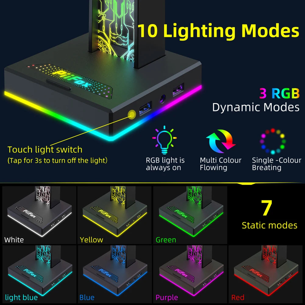 RGB Gaming Headphone Stand 10 Lighting Effects Headphone Stand Holder Rack USB Port 3.5mm Audio Port Desktop Headset Bracket