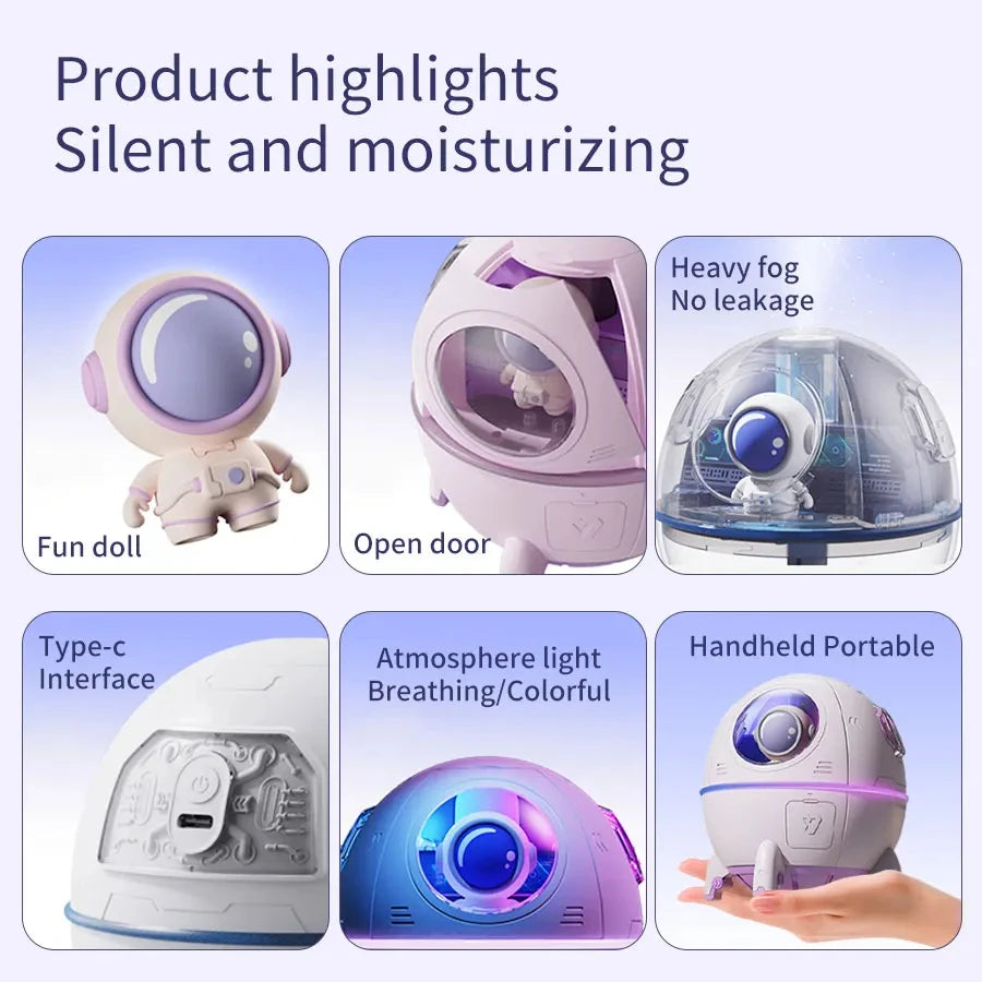 Humidificateur d'air à capsule spatiale de 220 ml, rechargeable par USB, diffuseur d'eau d'aromathérapie, lumière d'ambiance à 7 couleurs