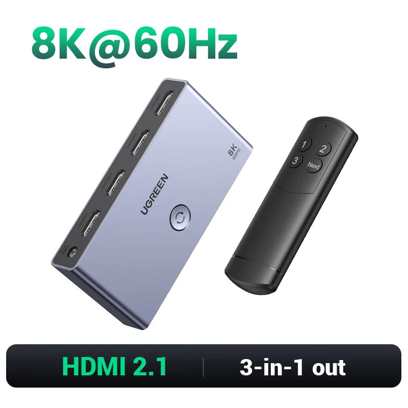 UGREEN HDMI 2.1 Switcher 8K 60Hz 4K120Hz HDMI-compatible Switch 3 in 1 Out with Remote Control Converter For Xbox PS5 Monitors