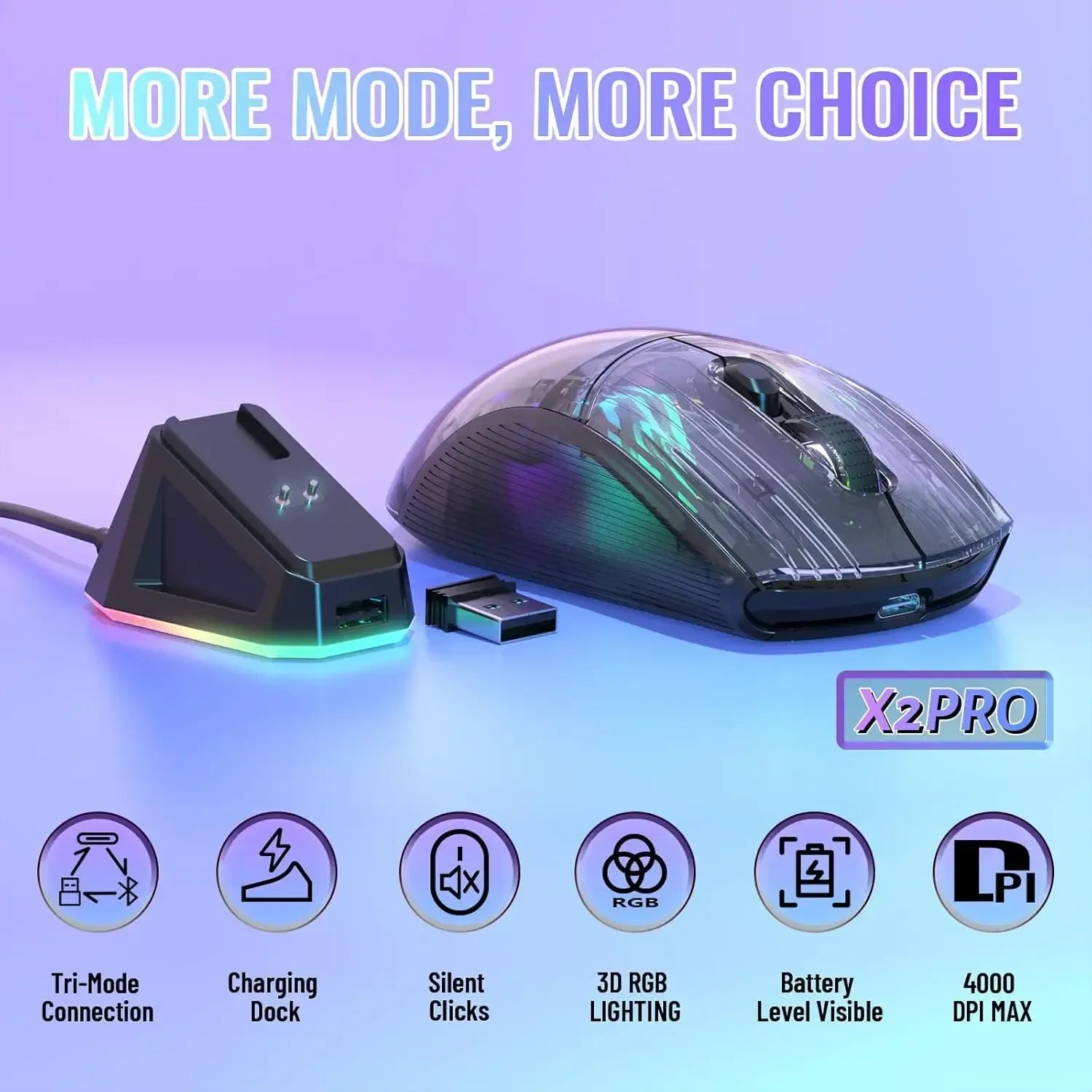 ATTACK SHARK X2 Pro Triple Mode Wireless Transparent Shell Gaming Mouse RGB Rechargeable 4000 DPI Rechargeable Dock Mouse