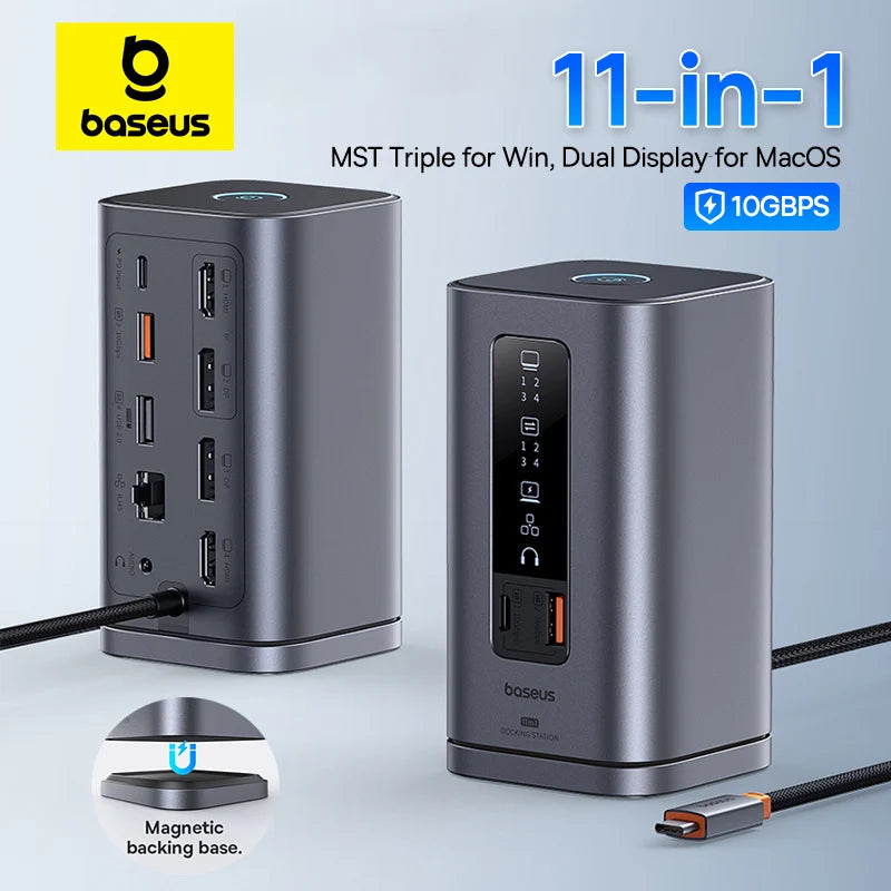 Baseus USB C Hub vers DP 4K@60Hz HDMI DisplayPort 11-EN-1 Station d'accueil Triple Affichage RJ45 PD 100W pour Windows Mac USB 3. 1 HUB