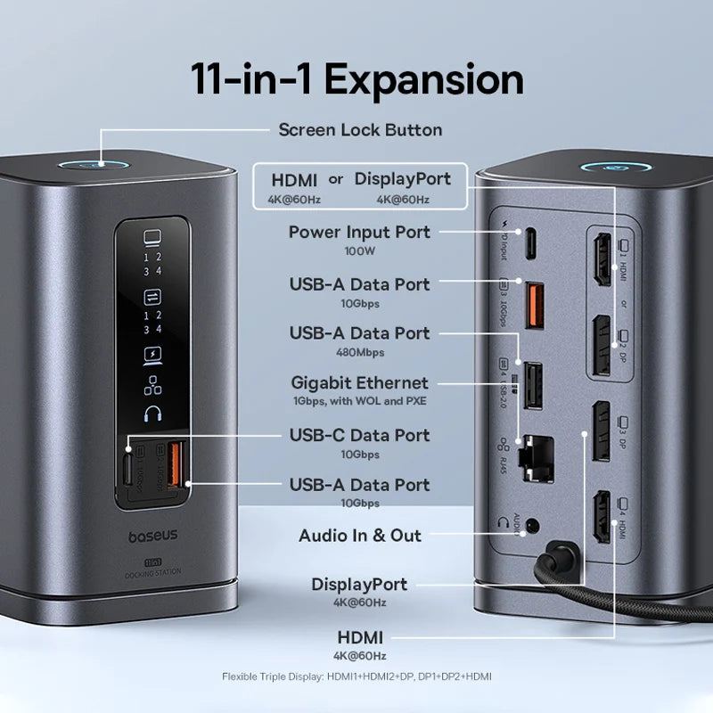 Baseus USB C Hub vers DP 4K@60Hz HDMI DisplayPort 11-EN-1 Station d'accueil Triple Affichage RJ45 PD 100W pour Windows Mac USB 3. 1 HUB