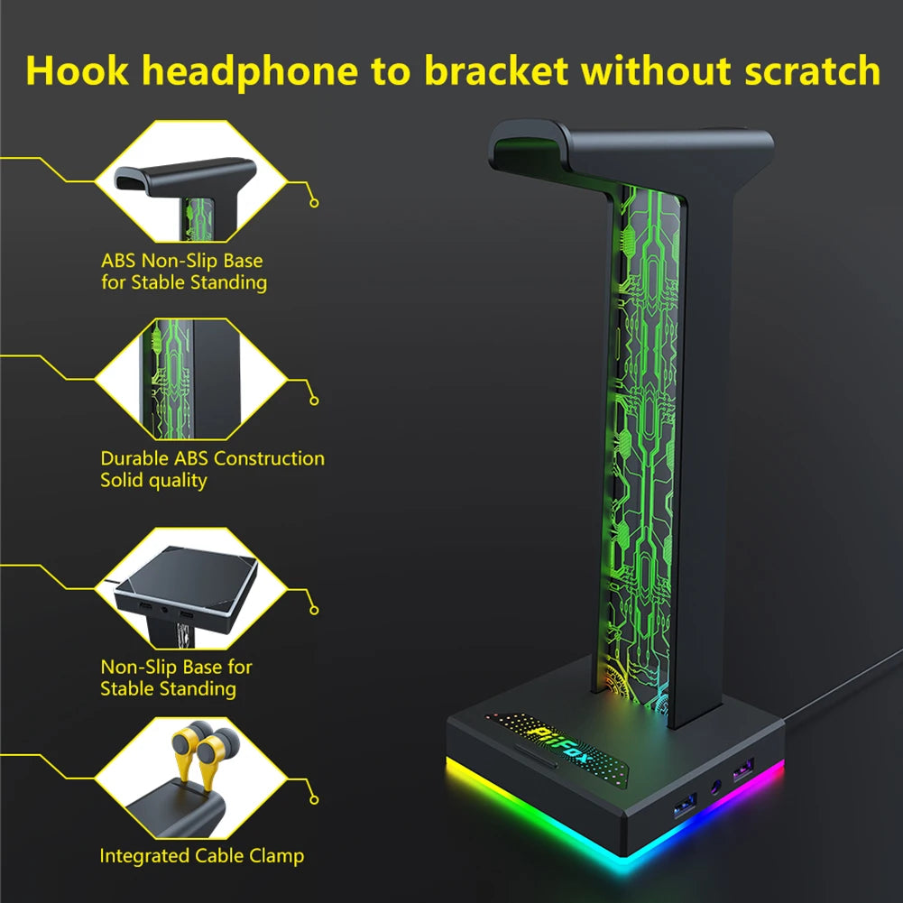 RGB Gaming Headphone Stand 10 Lighting Effects Headphone Stand Holder Rack USB Port 3.5mm Audio Port Desktop Headset Bracket