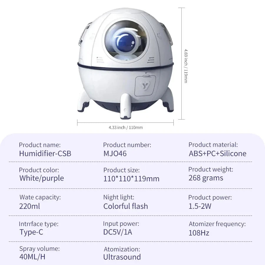 Humidificateur d'air à capsule spatiale de 220 ml, rechargeable par USB, diffuseur d'eau d'aromathérapie, lumière d'ambiance à 7 couleurs