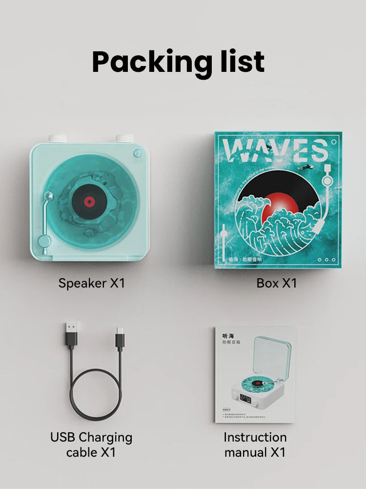 The Waves Vinyl Player Bluetooth Speaker White Noise Retro Turntable Speaker Sleep Aid Vitrola Shaped Speaker with RGB Light