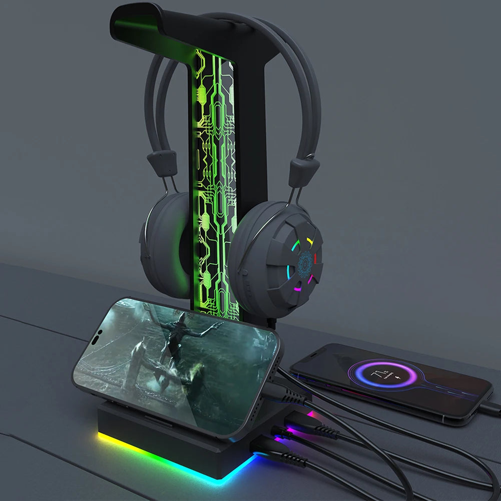 RGB Gaming Headphone Stand 10 Lighting Effects Headphone Stand Holder Rack USB Port 3.5mm Audio Port Desktop Headset Bracket